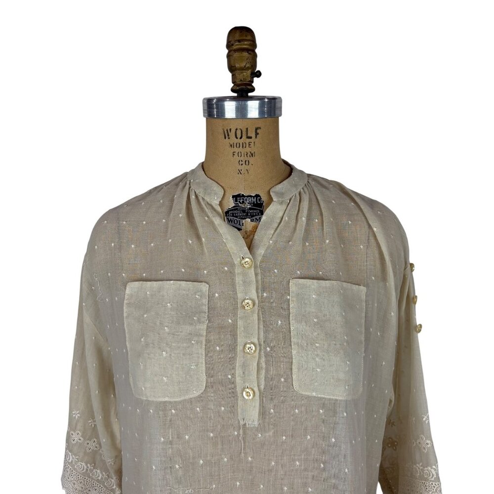 Vintage 70s Sheer Shirt Womens Large Beige Dotted Embroidered Mandarin Tunic - Picture 11 of 11